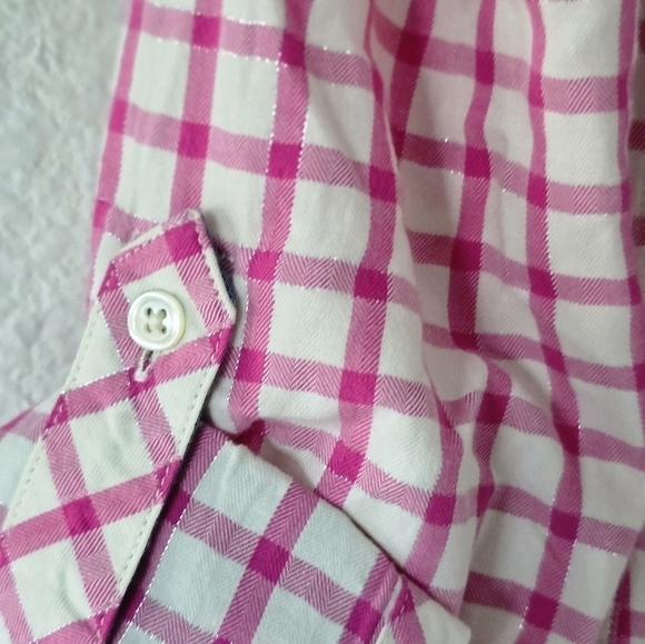 Talbots Shiry Womens Sz PM Pink White Plaid Button Up Minimalist Roll Tab Sleeve - Picture 6 of 10